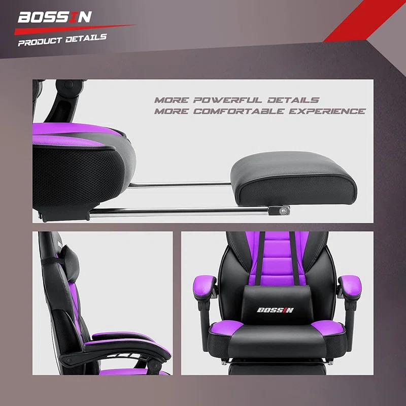 BOSSIN BOSSIN Adjustable Reclining Ergonomic Faux Leather Swiveling PC & Racing Game Chair with Footrest in Purple