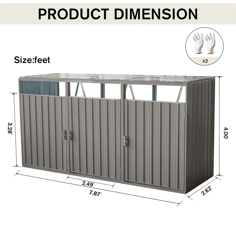 Alxfarton Garbage Bin Shed Stores 3 Trash Cans Metal Outdoor Bin Shed For Garbage Storage