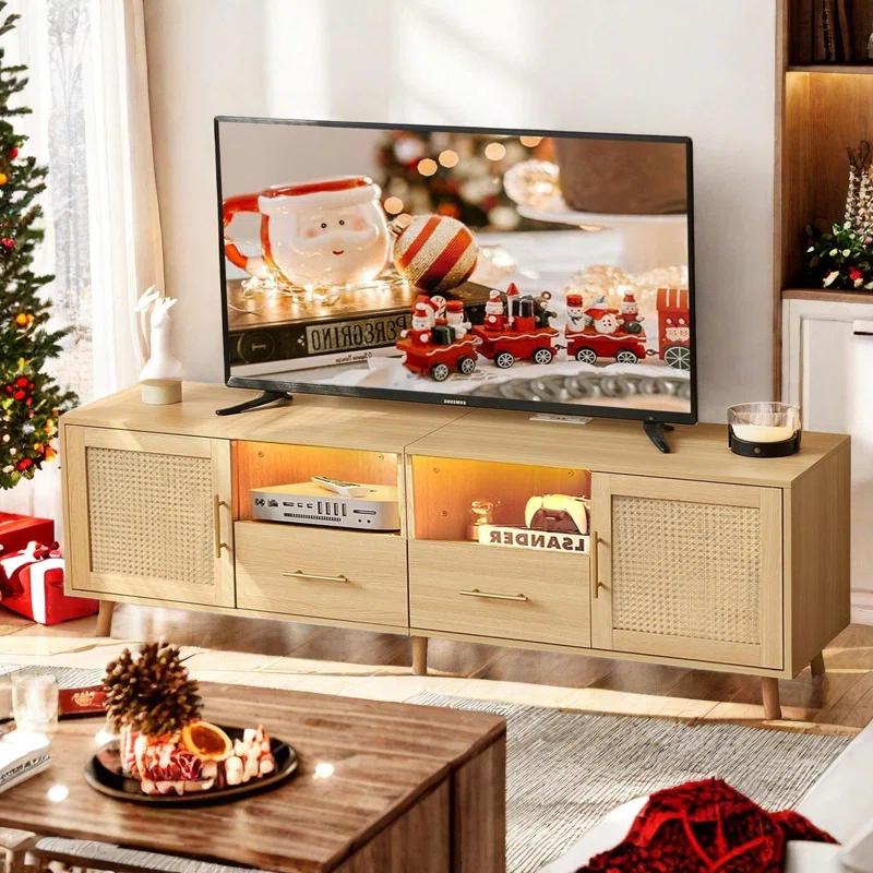 Bay Isle Home™ Heyer Large Wood Rattan TV Stand for TVs up to 75" with LED Light and Charging Station, Coastal Media Console Table, Multimedia Storage Furniture with 2 Drawers, Lighting TV Cabinet  & Reviews | Wayfair