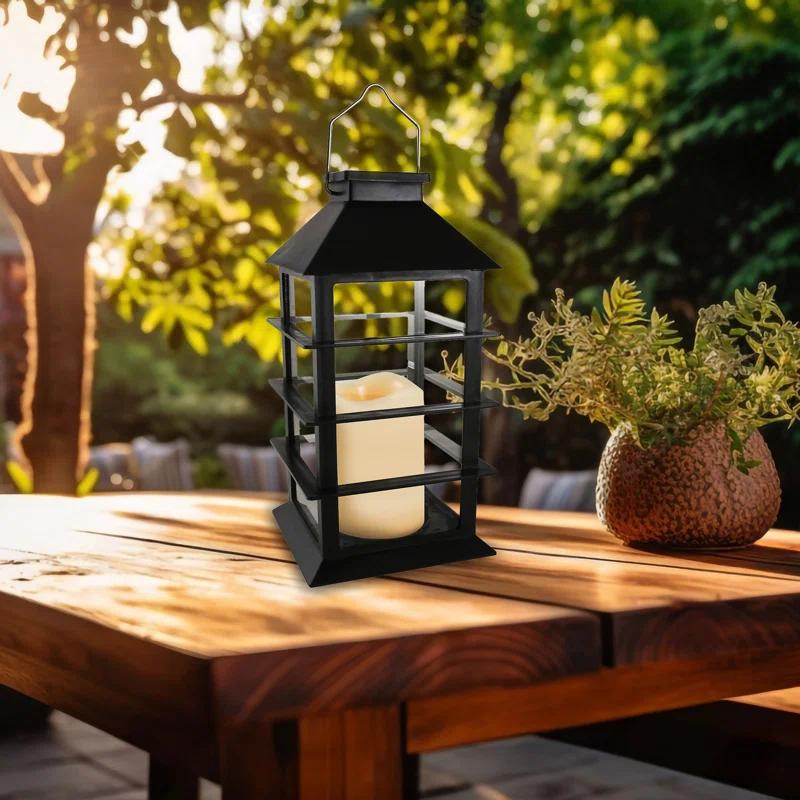 LumaBase Solar Powered Lantern with LED Candle - Horizontal Black