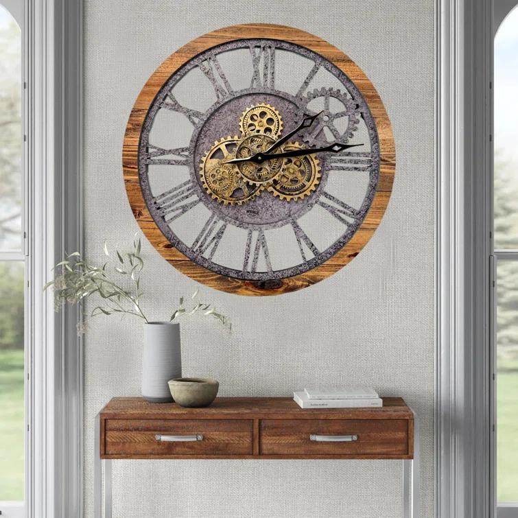The Gears Clock Wall Clock 24" Round Oversized for Living Room decor with Real Moving Gears America Collection