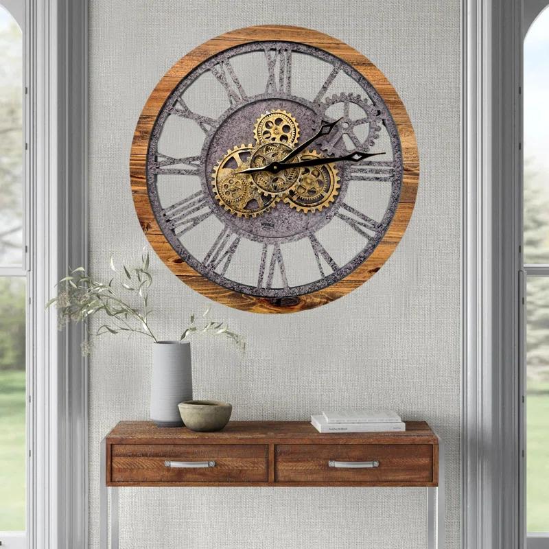 The Gears Clock Wall Clock 24" Round Oversized for Living Room decor with Real Moving Gears America Collection