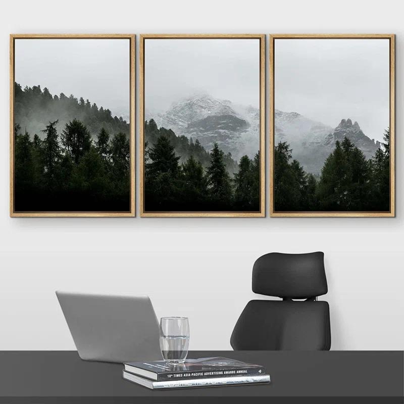 IDEA4WALL Misty Forest Landscape Mountain With Fog Natural Framed Canvas 3 Pieces Photograph Print Wall Art
