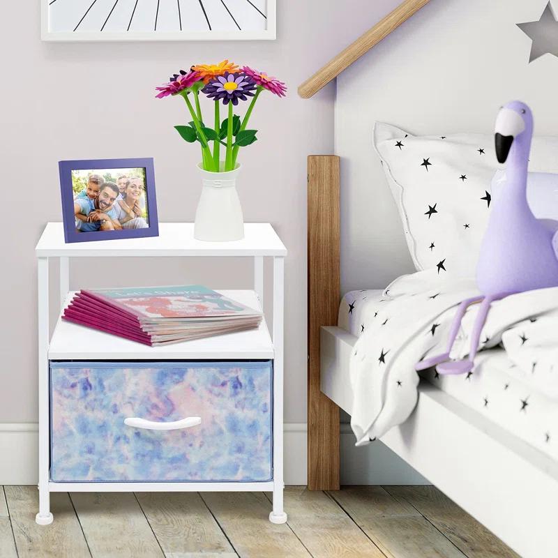 Sorbus 1 Drawer and Shelves Nightstand with Steel Frame, Wood Top & Fabric Bins in Tie Dye & Reviews | Wayfair