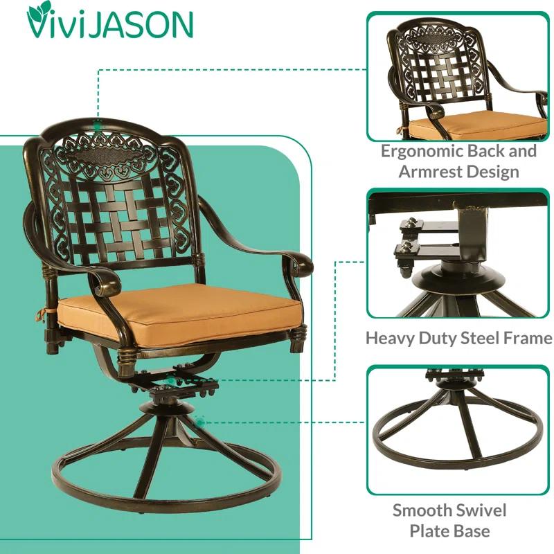 Wildon Home® Wildon Home® 7-piece Outdoor Furniture Dining Set, All-weather Cast Aluminum Patio Conversation Set, Include 6 Swivel Dining Chairs And A Rectangle Table With Umbrella Hole, khaki/green Cushion
