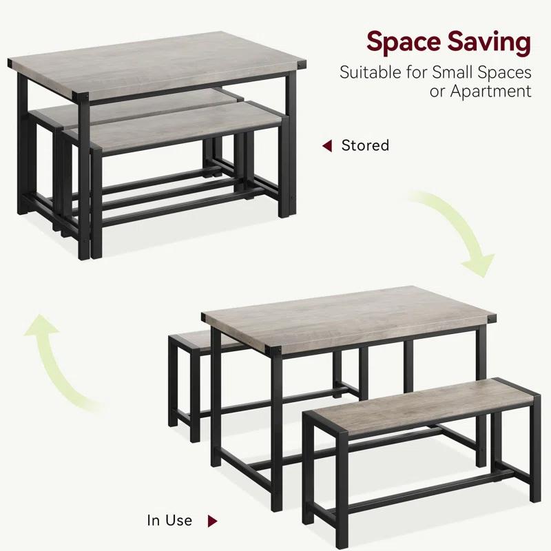 Dining Table Set For 4, Kitchen Table With 2 Metal Wood Benches