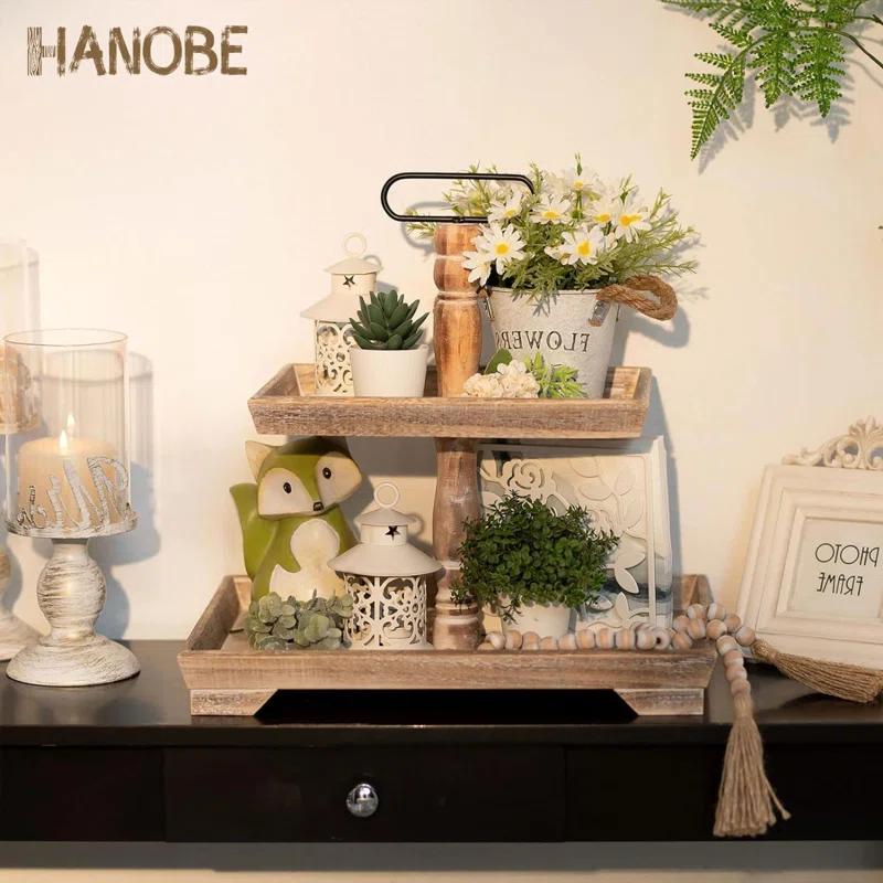 Ophelia & Co. Farmhouse Tiered Tray Stand: Rustic Wood 2 Tier Serving Tray Decor Two Rectangle Wooden For Kitchen Counter Centerpieces Coffee Bar Easter Fall Halloween Thanksgiving Christmas