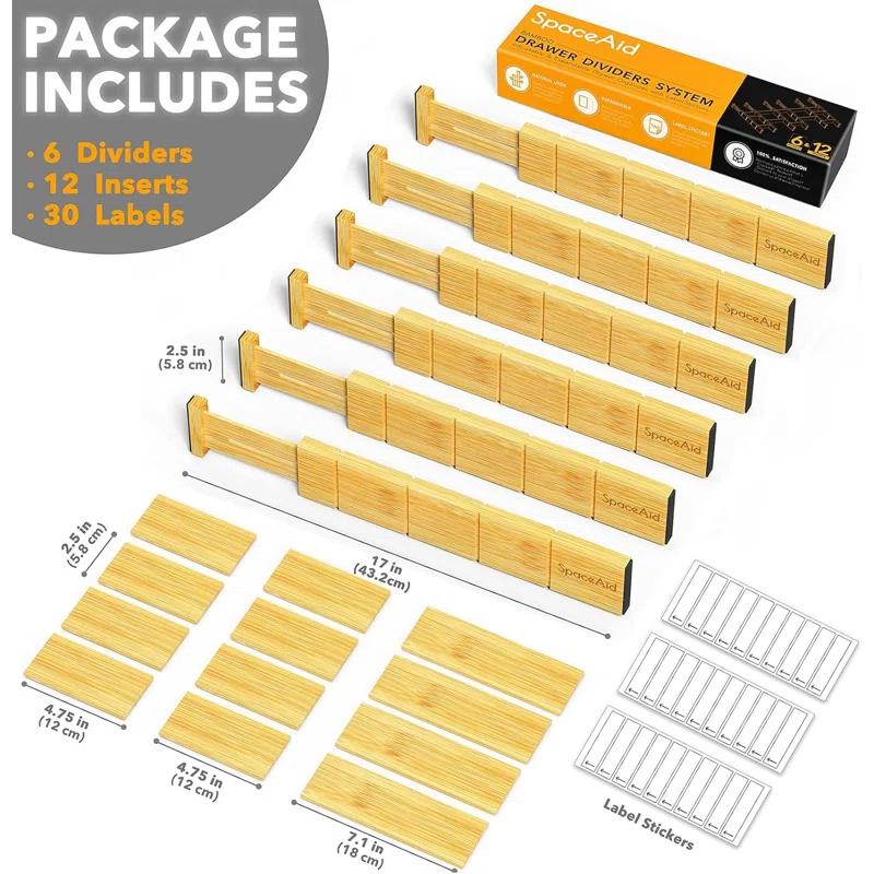 Set of 6 Bamboo Expandable Drawer Dividers with Labels,with 12 Inserts (13.25-17in)