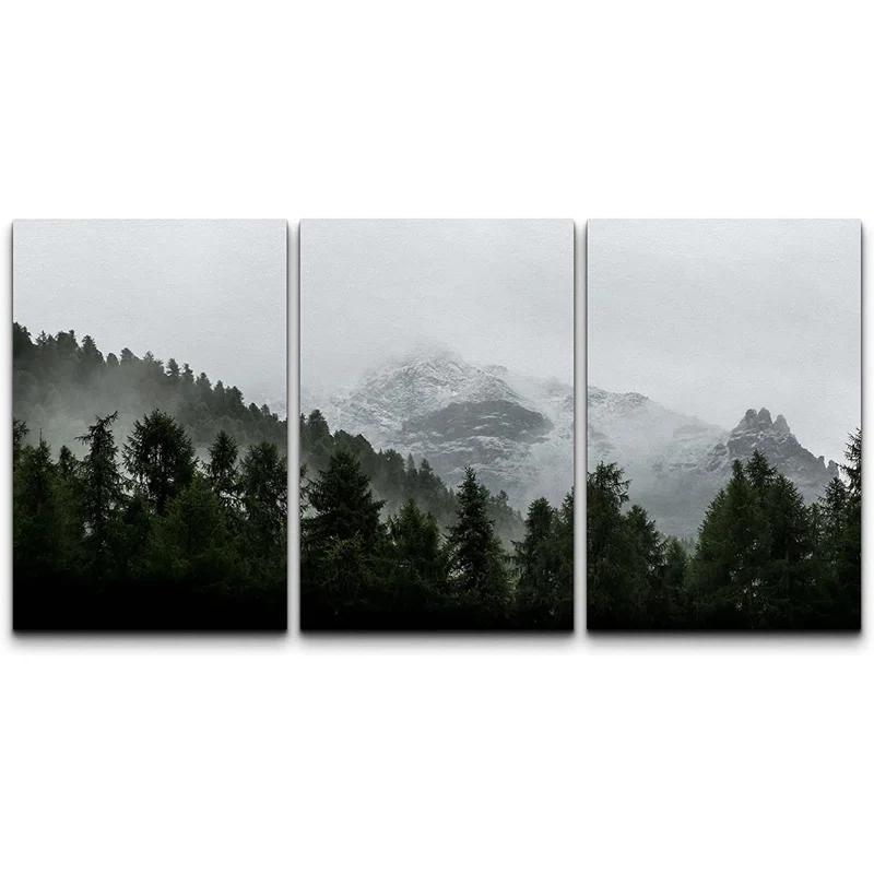 IDEA4WALL Misty Forest Landscape Mountain With Fog Natural Framed Canvas 3 Pieces Photograph Print Wall Art
