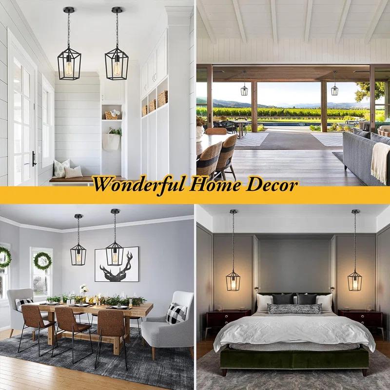 17 Stories Farmhouse Black Pendant Light for Kitchen Island Industrial Hanging Lantern Fixture
