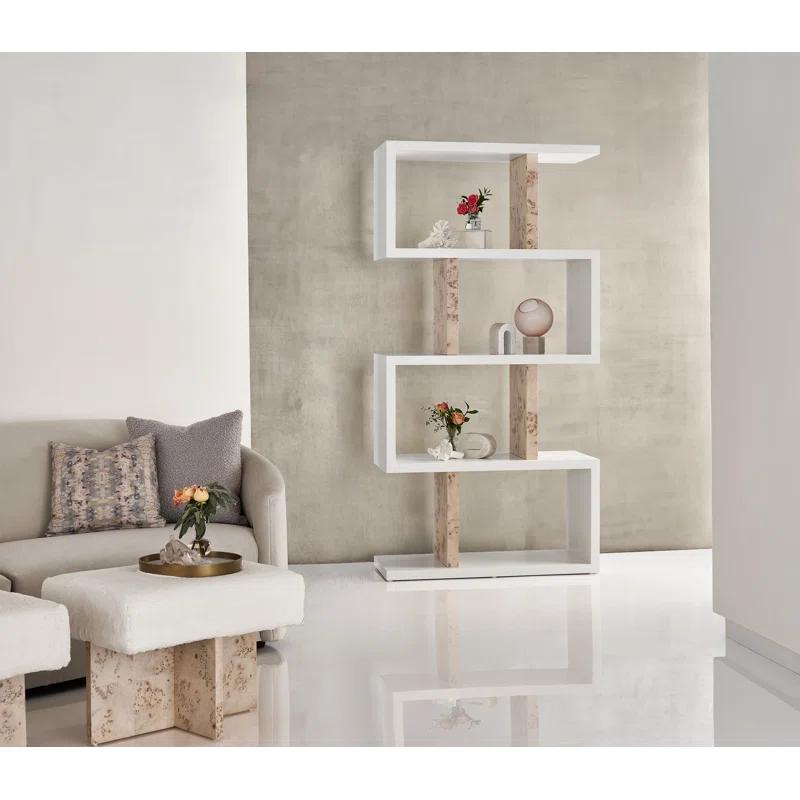 42" White and Beige Modern Etagere with Burl Dividers