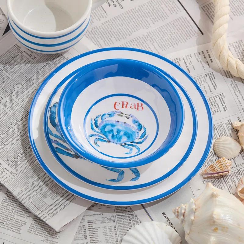 Certified International Beach House Crab 12-Piece Melamine Dinnerware Set – Blue & White Nautical-Themed Plates & Bowls – Shatterproof, Lightweight, and Dishwasher-Safe Coastal Tableware for Indoor & Outdoor Dining