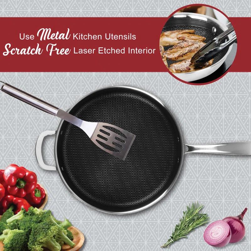 Brentwood 11-In. 3-Ply Hybrid Non-Stick Stainless Steel Induction-Compatible Deep Sauté Pan with Glass Lid