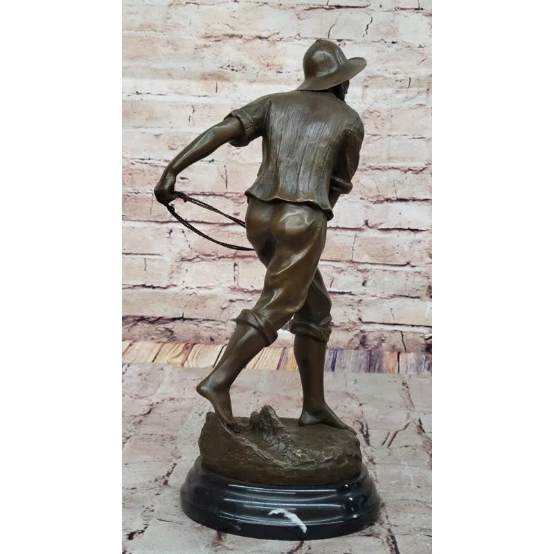 Bronze Fisherman with Net – Nautical-Themed Sculpture on Marble Base