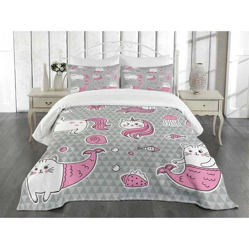 Ambesonne Ambesonne Unicorn Cat Bedspread Set Mermaid Cat Grey Pale Pink White
