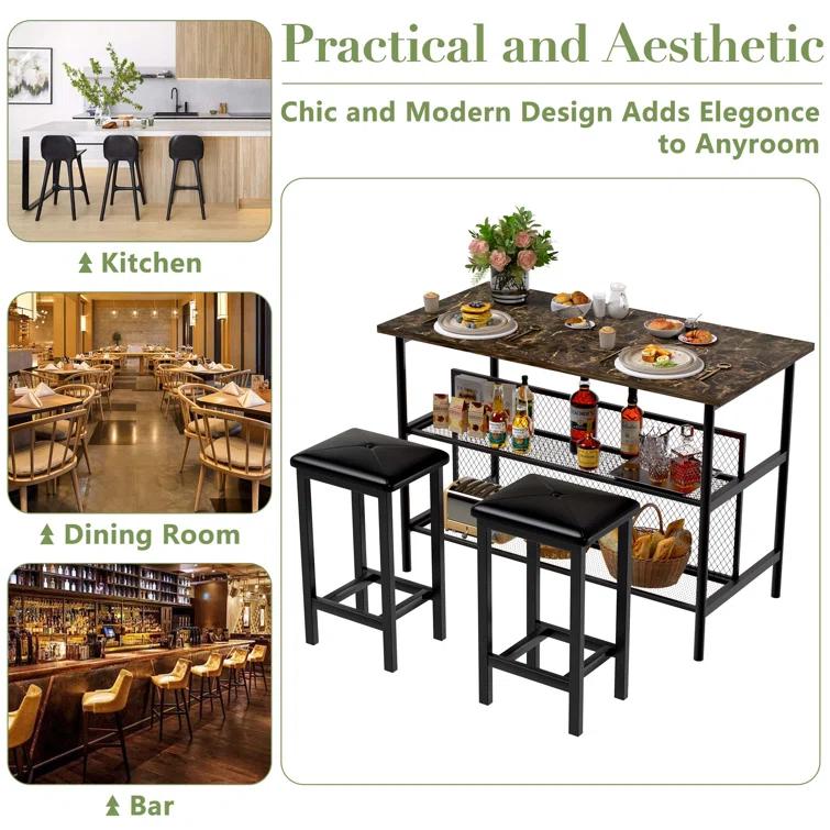 Ebern Designs Helidon 3 - Piece Trestle Dining Set w/2 Stools and 2 Open Shelves,Bar Height Table and Chairs