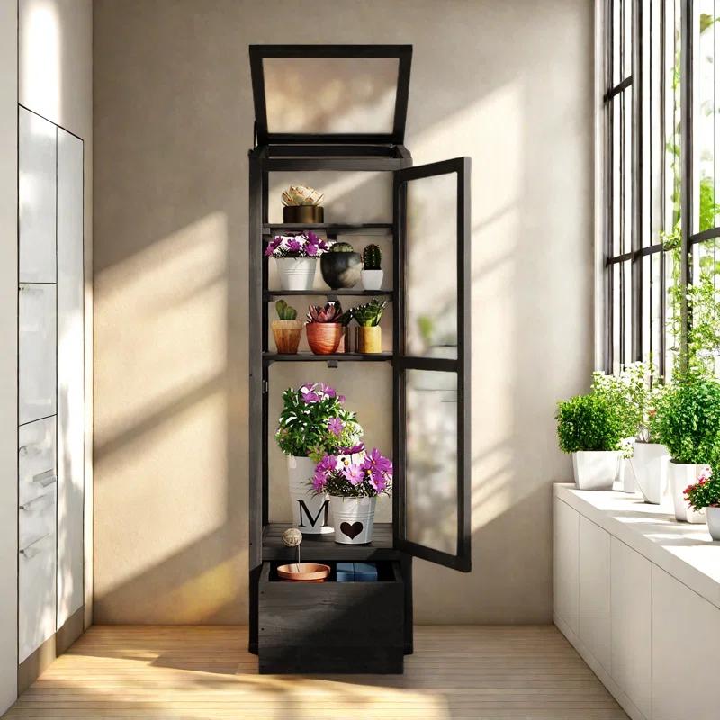 mosaicmotifco Wood Garden Greenhouse Balcony Portable Mini Cold Frame With Movable Storage Box, Adjustable Shelves And 1 Drawer