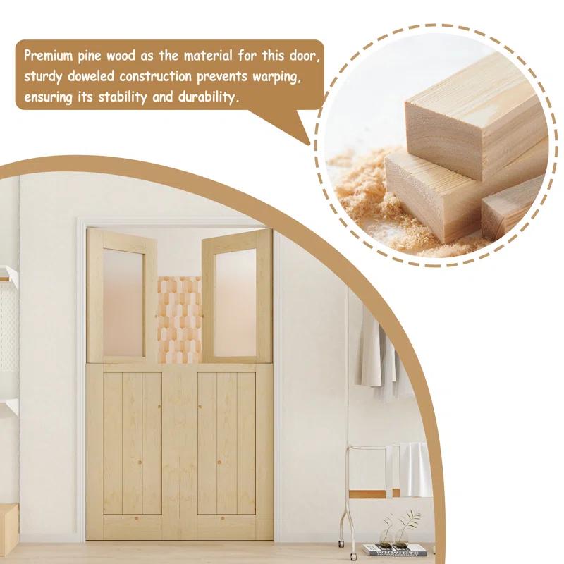 CHIC MODE Interior Dutch Door - Half Frosted Glass Split Door Slab, Modern Style Farmhouse Closet Door, Natural Pine Wood(Not Include Door Hinges)