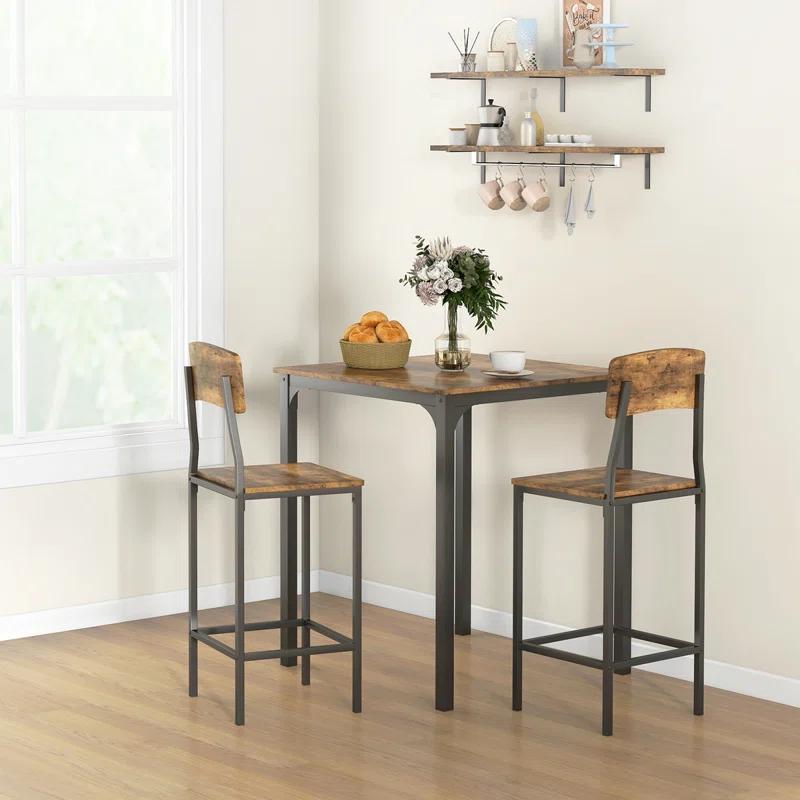 17 Stories 3 Piece Square Industrial Small Dining Table Set, Bar Table and Chairs Set, Rustic Brown and Black