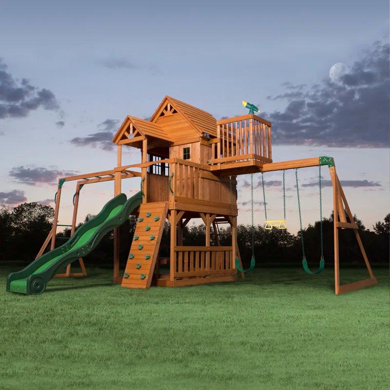 Backyard Discovery Backyard Discovery Skyfort II Cedar Wood Swing Set with Wave Slide, Clubhouse, Crow's Nest, and Monkey Bars
