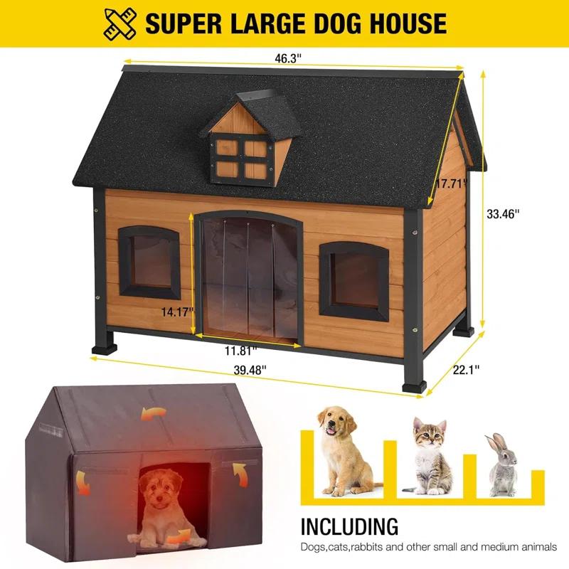 Archie & Oscar™ Insulated Outdoor Dog House with Insulated Liner, Anti-Chewing Iron Frame Wooden Dog Kennel with Unique Design Roof, Weatherproof Dog House for Outdoor Indoor