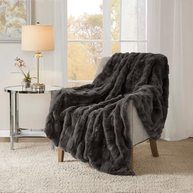 Gray Reversible Faux Fur Basketweave Throw Blanket