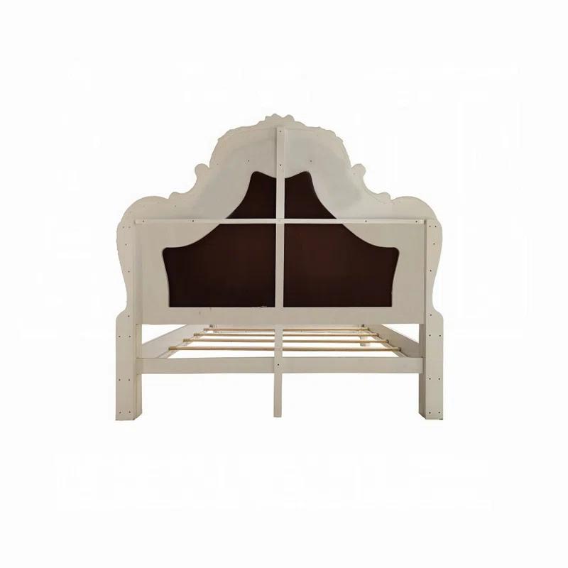 Benjara Ally Bed, Classical White Faux Leather Victorian Carved Wood