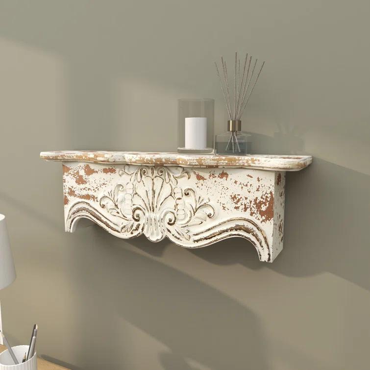 Kelly Clarkson Home Elicia White Wood Scroll Distressed 1 Shelf Room Wall Shelf