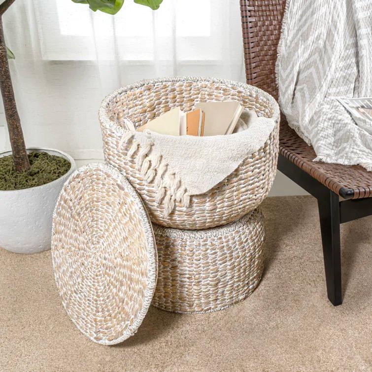 happimess 18" Hourglass Handwoven Hyacinth Storage Accent Table with Lid