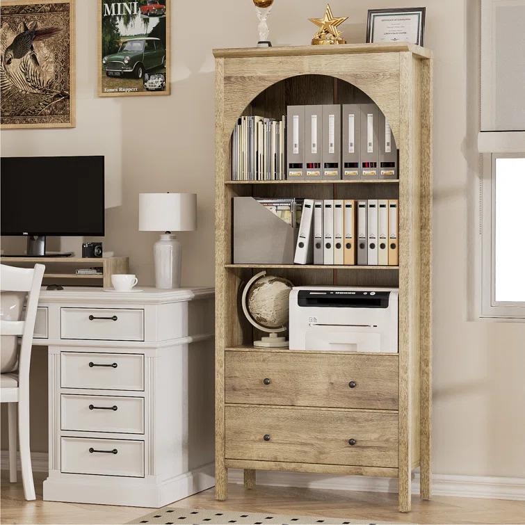 Gracie Oaks Arched Bookcase, Oak Arched Cabinet With Drawers, 71" Tall China Curio Cabinet, Display Cases For Collectibles, Vintage Bookshelf