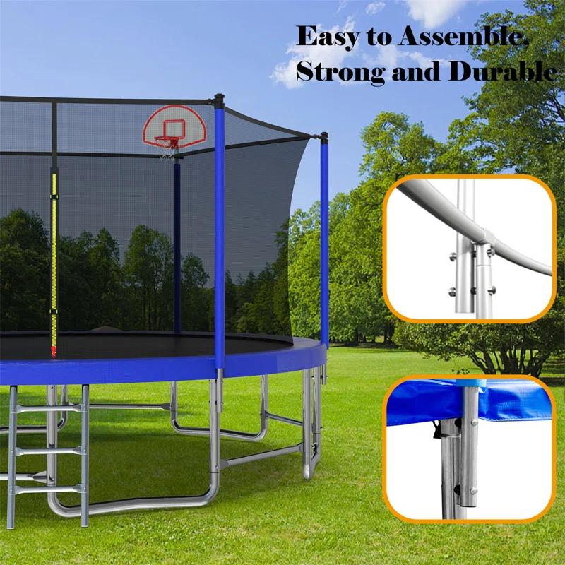16FT Trampoline With Balance Bar  And  Basketball Hoop And Ball, ASTM Approved Reinforced Type Outdoor Trampoline With Enclosure Net