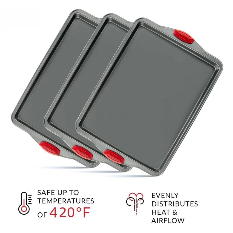 SHIRLEY'S OFFICE FURNITURE, LLC Premium Nonstick Baking Sheet Pans – Set Of 3, Heavy-Gauge Carbon Steel, Warp, Dent, And Rust-Resistant – Gourmet Rimmed Cookie Sheet Trays, Non-Toxic For Exceptional Baking Performance