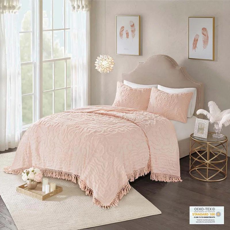 Laetitia Tufted Chenille Cotton Medallion Fringe Coverlet Set