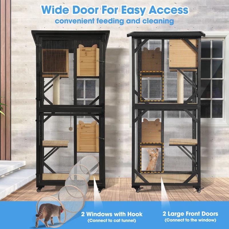 Tucker Murphy Pet™ Hallvard Outdoor Cat Enclosure with Scratcher - 4-Tier Large Indoor Wooden Window Catio Cat House W/Asphalt Waterproof Roof
