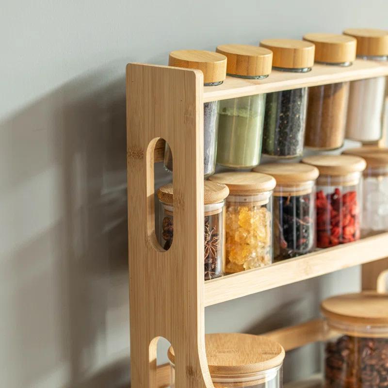 Basicwise Basicwise Versatile 3-tier Bamboo Spice Rack And Pantry Organizer With 13 Glass Jars – Perfect For Countertop Storage In Kitchens To Keep  Seasoning Containers Neatly Displayed And Easily Accessible