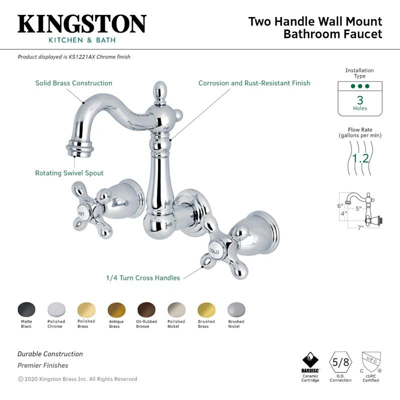 Kingston Brass Heritage Two-Handle 3-Hole Wall Mount Bathroom Faucet