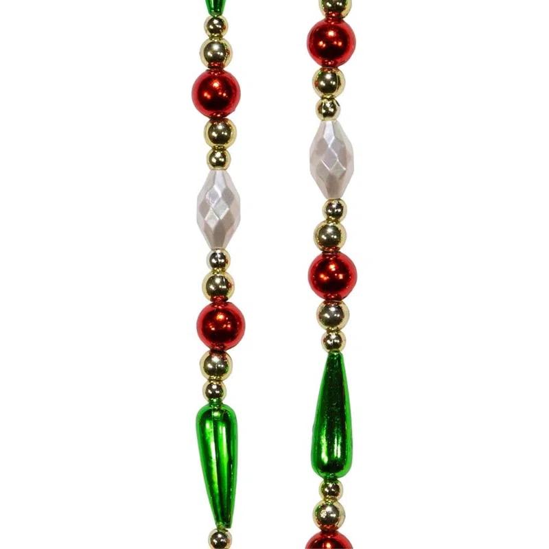 Kurt Adler Kurt Adler Gold, Red, Green and White Round Bead with Water Drop Beaded Garland, 9 Ft