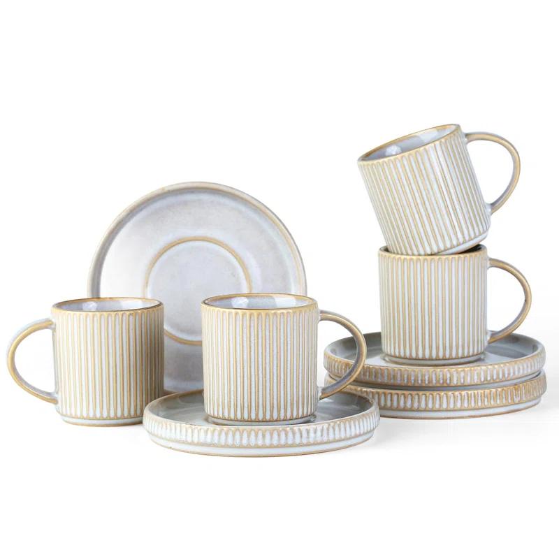shuoli Star Espresso Cups And Saucers Set Of 4, [ Mini ] 3 Oz Ceramic Small Coffee Mug With Handle, Ribbed Stoneware Demitasse Cup For Tea, Latte - Microwave & Dishwasher Safe - Cappuccino White