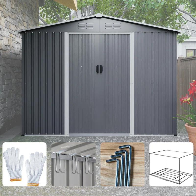 8X6 FT Outdoor Tool Storage Shed With Metal Foundation & Lockable Doors,  All Weather Metal Sheds