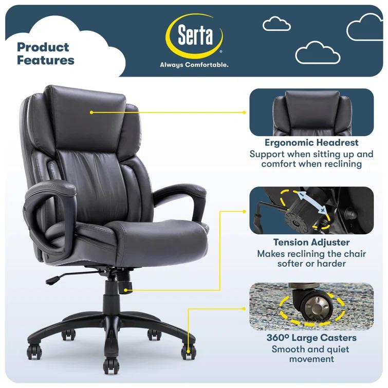 Serta Serta Garret Executive Office Chair, Ergonomic Lumbar Support, Semi-Plush Cushion, Body Pillows