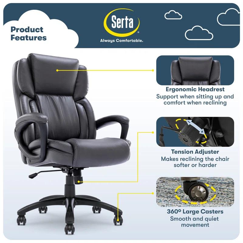 Serta Serta Garret Executive Office Chair, Ergonomic Lumbar Support, Semi-Plush Cushion, Body Pillows