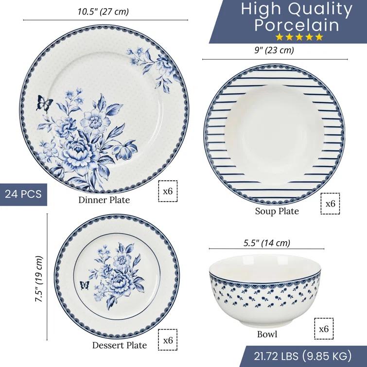 STP Goods Vintage Blue Porcelain Dinnerware Set of 24 pc for 6 pers.