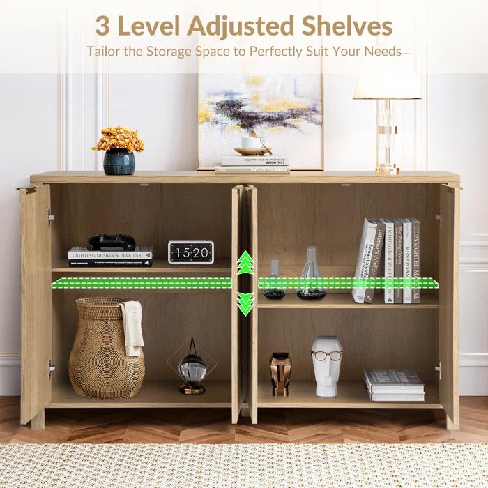 Ebern Designs Fluted Buffet Sideboard Cabinet with Storage, Modern Wave Fluted Buffet Credenza with Adjustable Shelves, 4 Door Accent Bar Cabinets Console Table