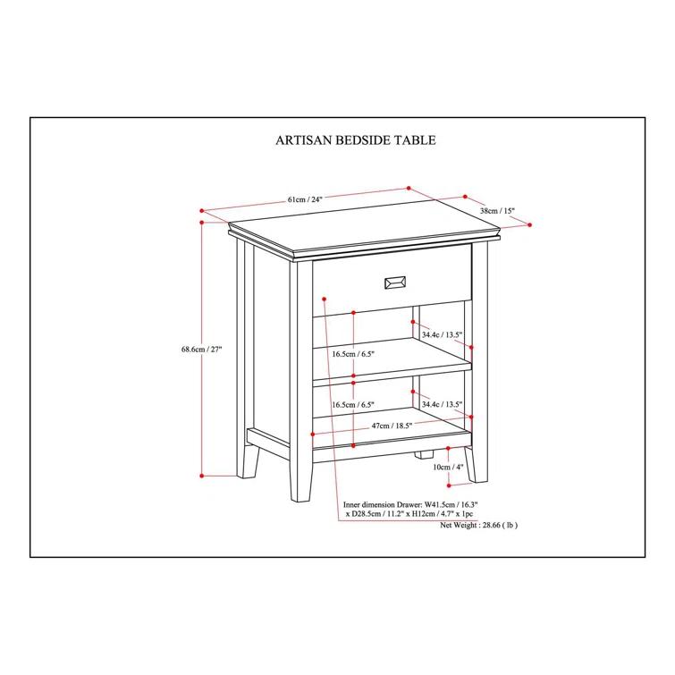 Simpli Home Artisan 24"W Solid Wood Nightstand with Drawer and Shelves