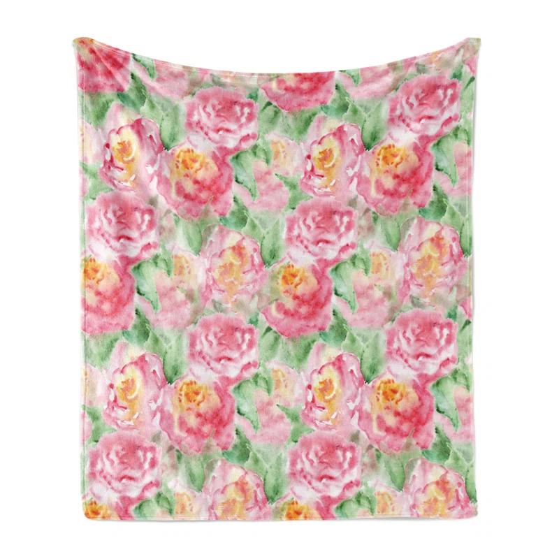 Ambesonne Ambesonne Rose Fleece Blanket Soft Blossoming Pink Green