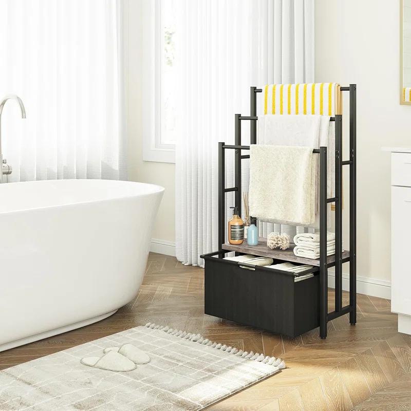 Freestanding Towel Rack With Drawers, SDXYSTCE 3 Tiers Standing Blanket Racks For Bedroom, 23.6" L X 11.8" W X 43.3" H, Blanket Holder With Shelf, Upgrade Steady Design,