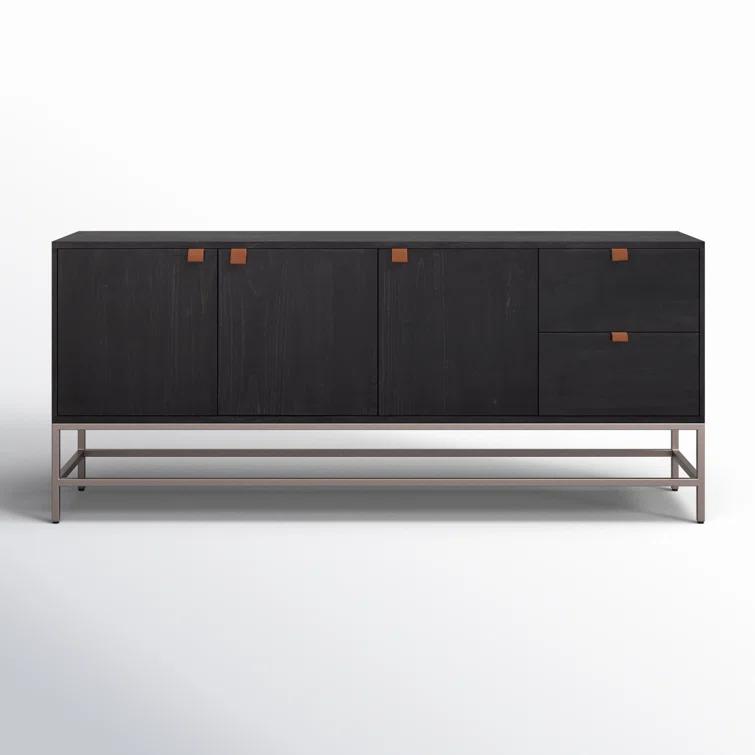 Auburn Poplar Wood 72" Sideboard with Leather Pulls and Iron Base