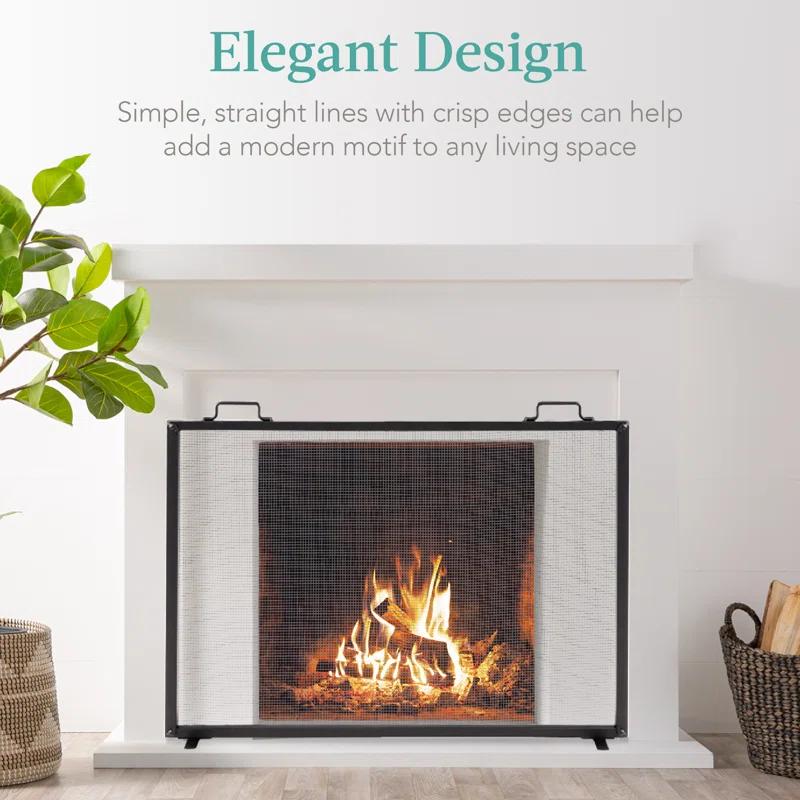 Cassiano 38x27in Single Panel Fireplace Screen Handcrafted Steel Mesh Spark Guard w/ Handles