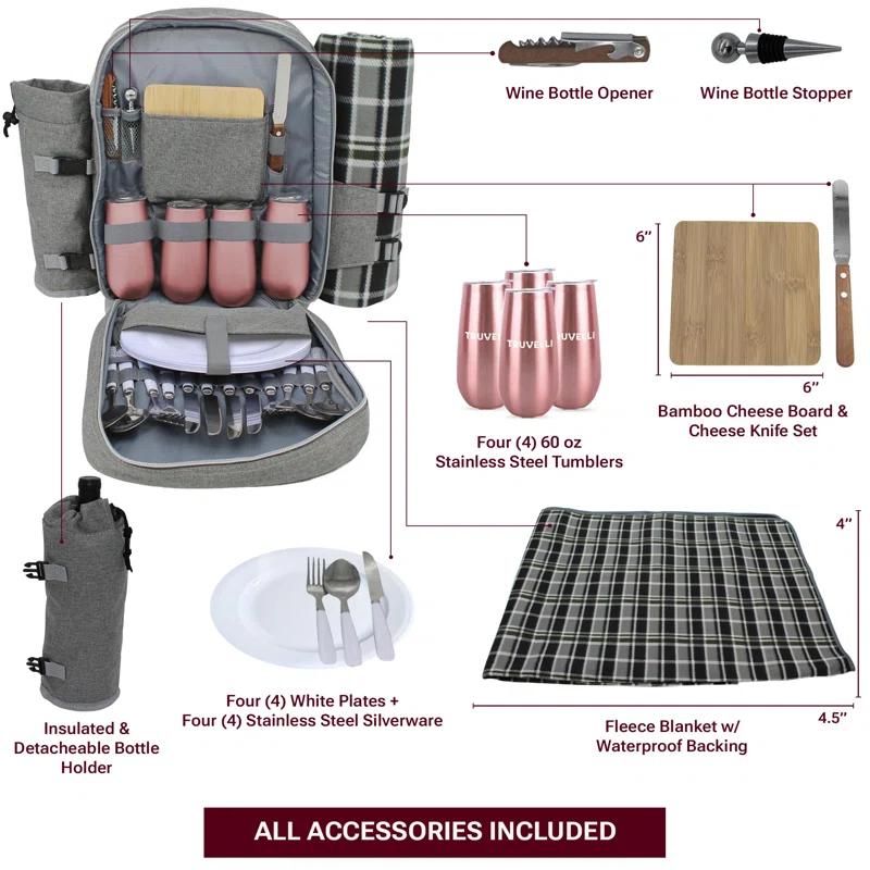 Picnic Backpack For Adventures, 12-In-1 Insulated Picnic Backpack For 4, Great Alternative To A Bulky Picnic Basket Set, Romantic Picnic Set For 4, Picnic Basket For 4, Picnic Bag