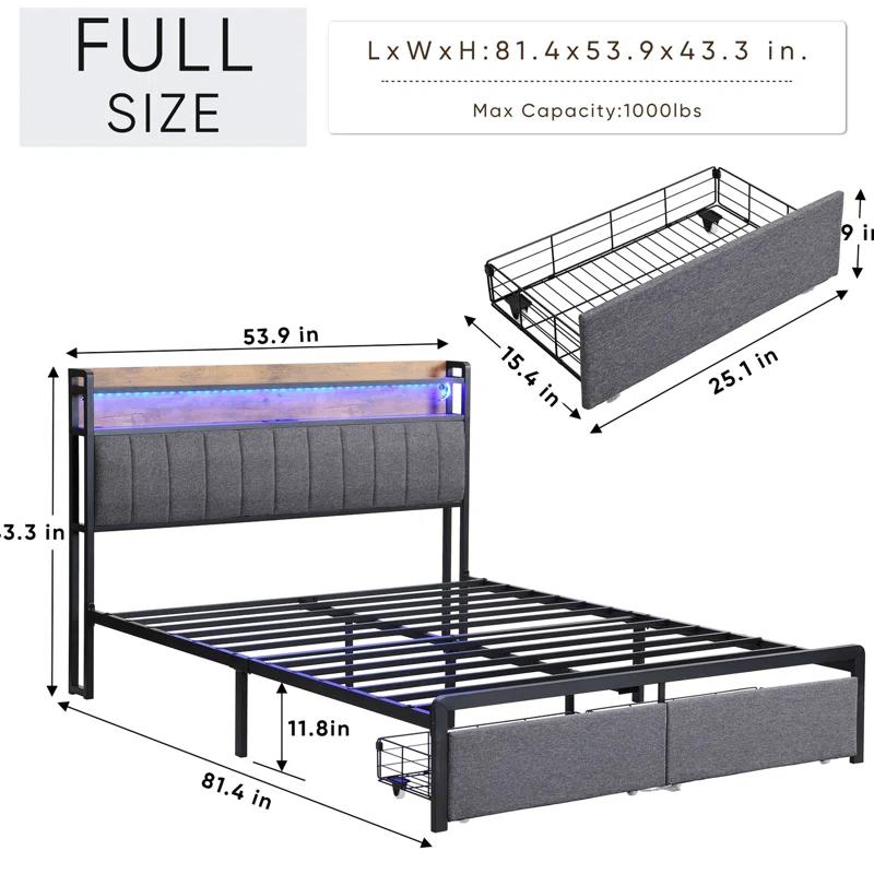 Orren Ellis Full Bed Frame With Storage Headboard And Drawers, Full Size Led Platform Bed Frame, Led Upholstered Bed Frame With Charging Station